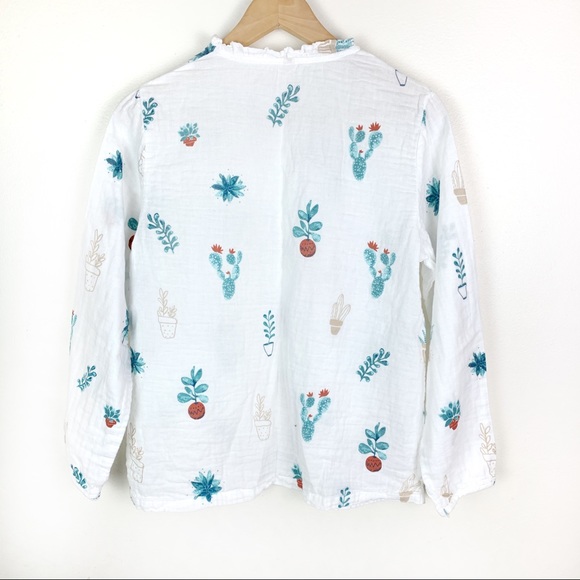 Succulent Print Button Up Long Sleeve White Blouse - Picture 2 of 5